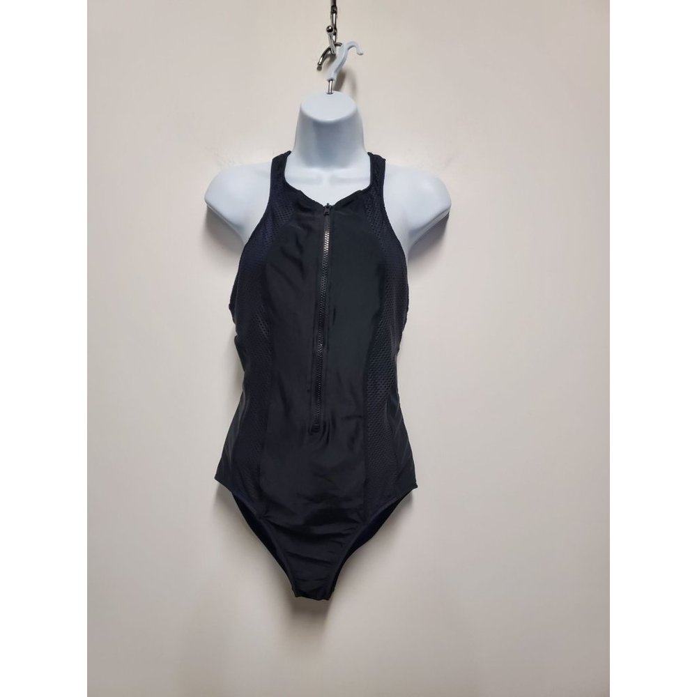 ZELLA Front Zip Racerback One-Piece Swimsuit Black Size L